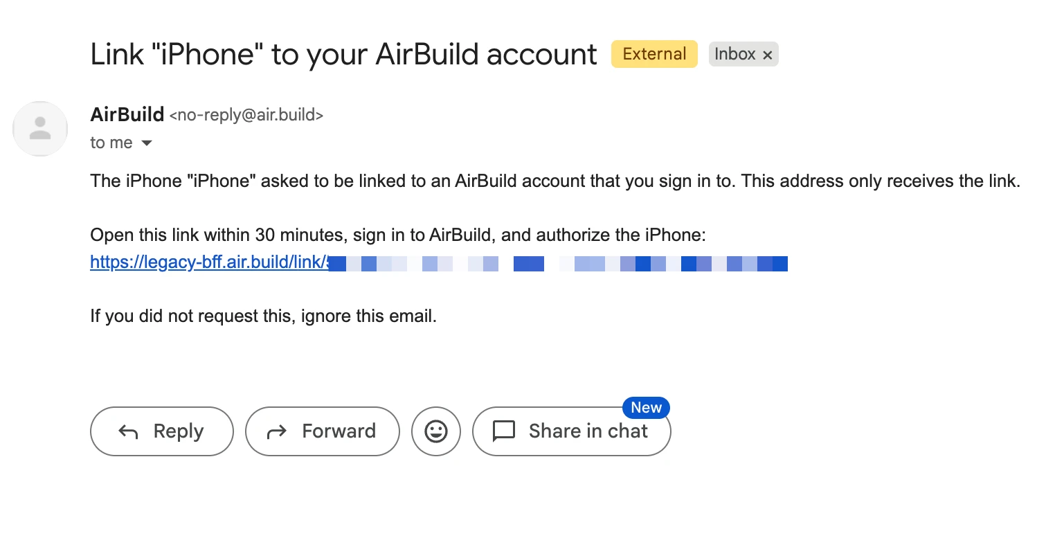 Open the link in your own email to sign in and authorize the iPhone.