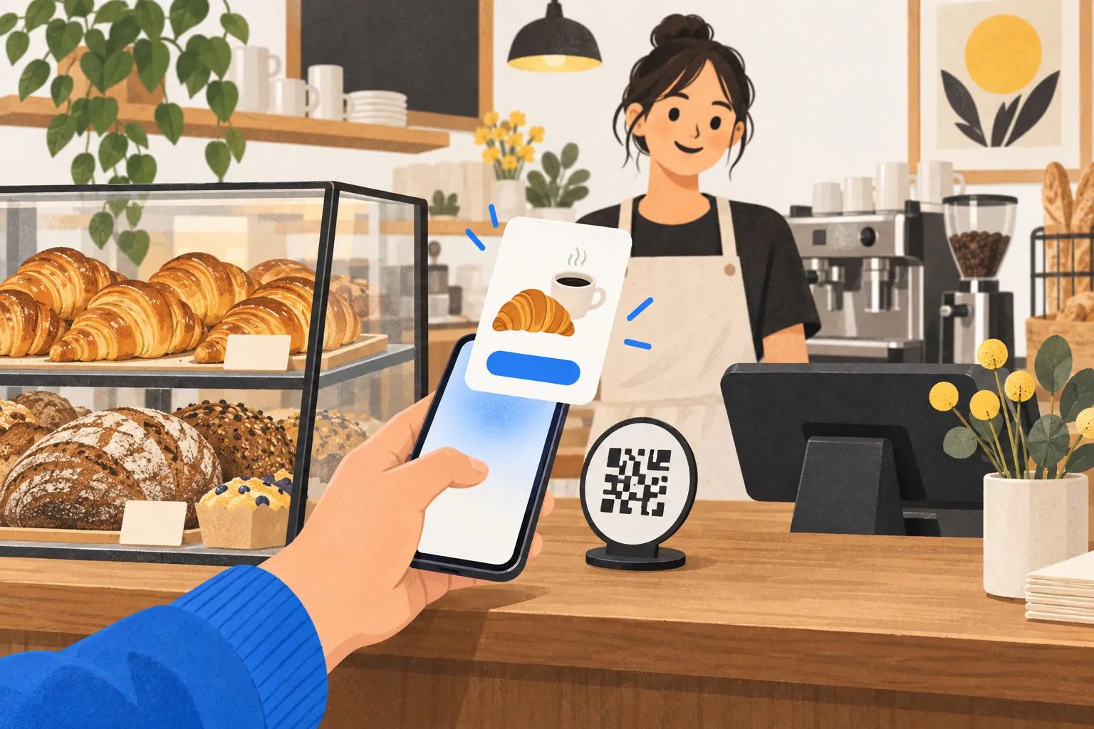 At a bakery counter, a customer holds a phone near a small round code by the till, and an order card with a croissant and a coffee rises from the phone