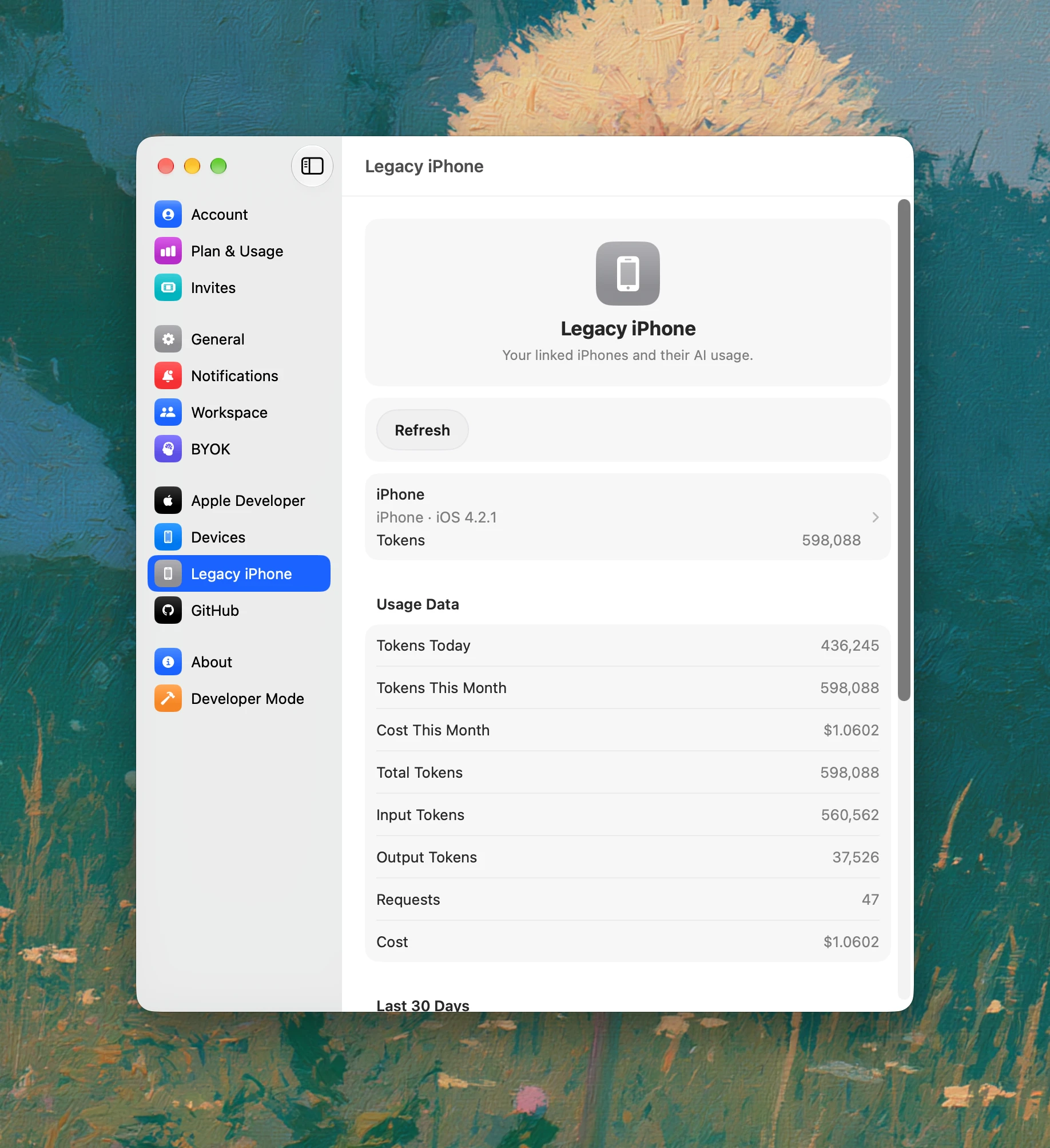 After authorization, open Legacy iPhone in AirBuild settings to see your linked iPhone and its AI token usage.