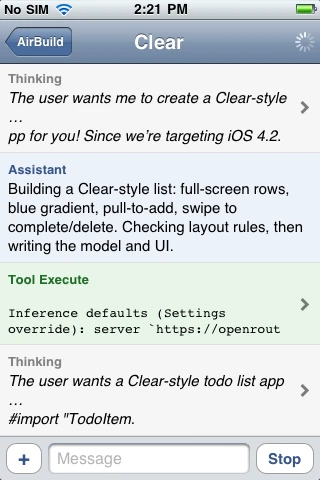 Follow progress and tool activity in the conversation.