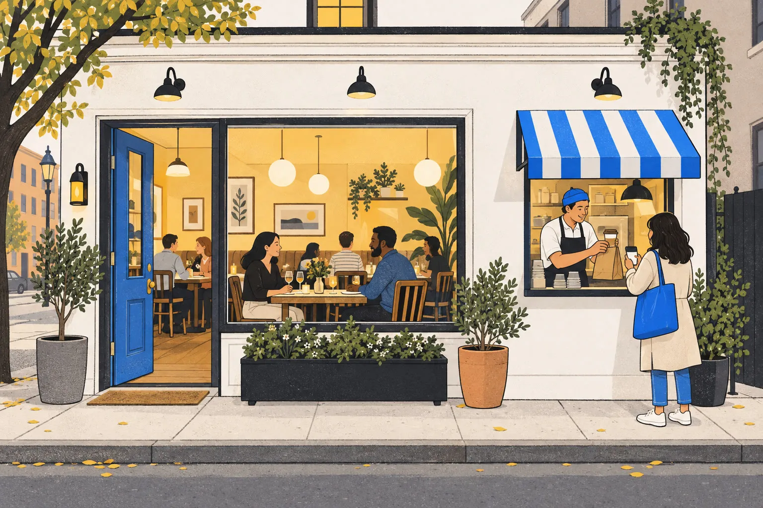 One shop building: a busy dining room on the left, and on the right a takeaway window under a blue-and-white awning, where a customer with a phone takes a coffee and a paper bag